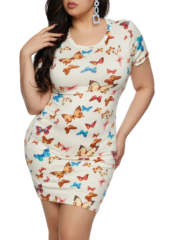 Summer breathable linen loose mini dress-Plus Size Butterfly Printed T Shirt Dress