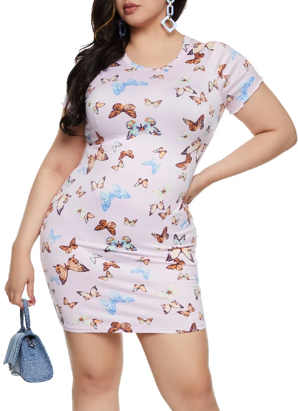 Nightclub sequin strappy bodycon mini dress-Plus Size Butterfly Printed T Shirt Dress