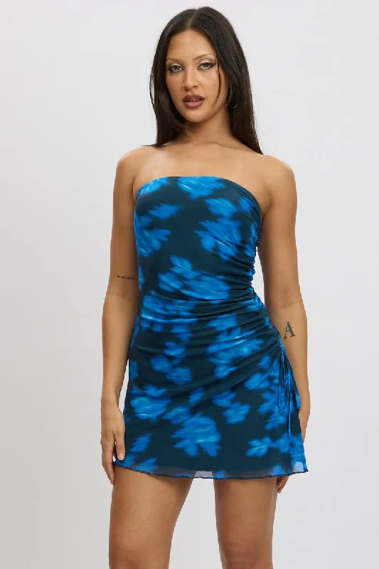 Winter velvet retro short mini dress-Blue Abstract Strapless Dress Mini Mesh