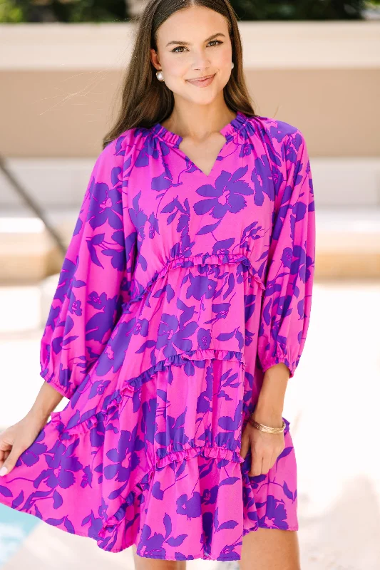 Maternity loose cotton pregnancy mini dress-All That You Know Magenta Purple Floral Dress