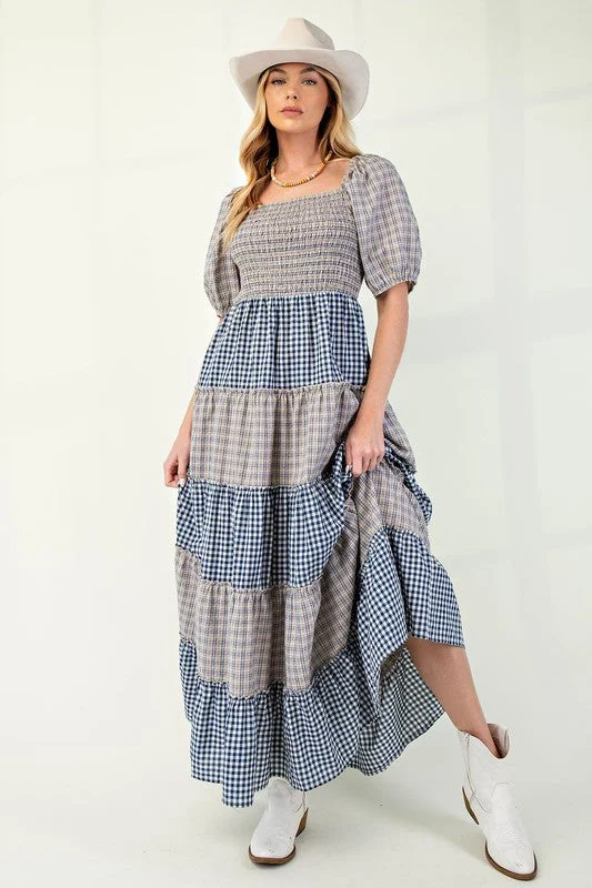 Maxi Dress With Tied Waist -JESSIE PLAID MIX TIERED MAXI DRESS