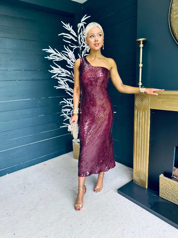 Sleeveless Maxi Dress -Ramona Sequin One Shoulder Maxi Dress Wine