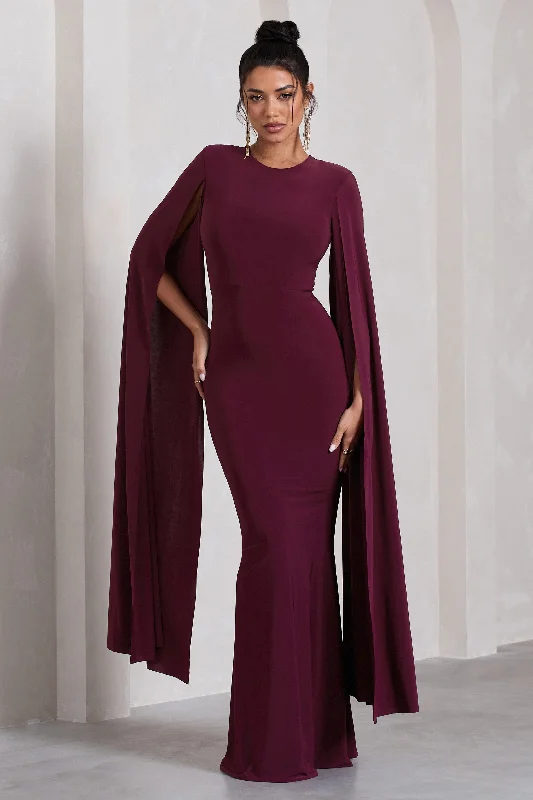 Maxi Dress For Formal Events -Kimmy | Burgundy High Neck Maxi Dress With Cape Sleeves