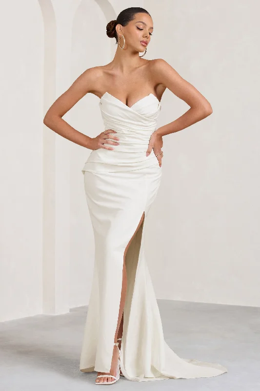 Maxi Dress With Deep Neckline -Elene | White Pleated Split Fishtail Maxi Dress