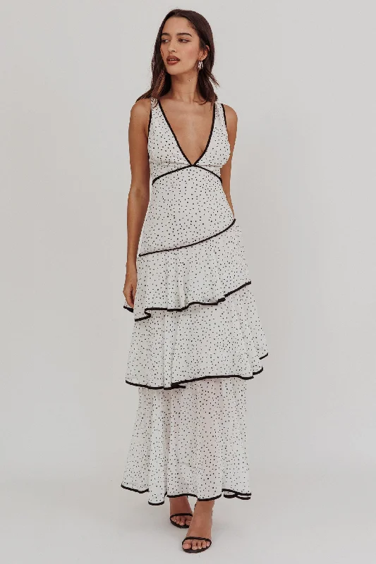 Maxi Dress With Geometric Patterns -Veda Strappy Back Ruffle Maxi Dress Polka Dot White