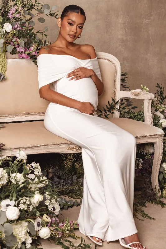 Maxi Dress With Textured Fabric -Amal | White Bardot Wrap Neckline Maternity Maxi Dress