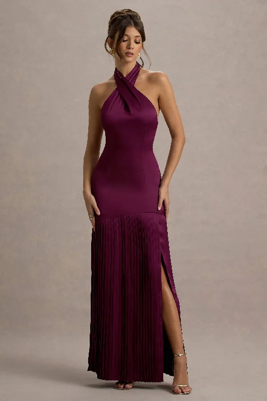 Maxi Dress With Tied Waist -Sansa | Burgundy Satin Cross Halter-Neck Plisse Maxi Dress