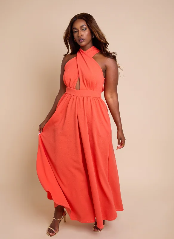 Maxi Dress With Halter Neck -Eleanor Keyhole Skater Maxi Dress w. Pockets - Coral