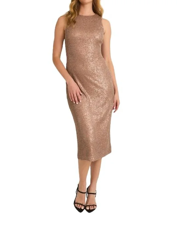 Midi Dress With Slit -High Neck Sequin Midi Dress In Mocha