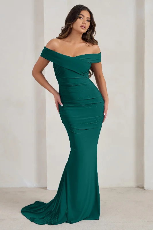 Maxi Dress With Beading -Apolline | Bottle Green Off The Shoulder Ruched Fishtail Maxi Dress