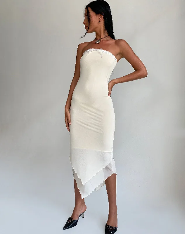 Maxi Dress With Geometric Patterns -Marve Bandeau Maxi Dress in Mesh Cream