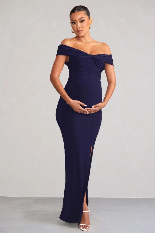 Maxi Dress With Geometric Patterns -Kia | Navy Twist Bardot Maternity Maxi Dress with Split