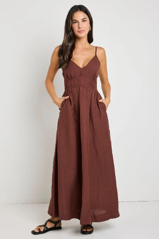 Maxi Dress With Lace Up Back -Heat Chocolate Strappy Tie Back Maxi Dress