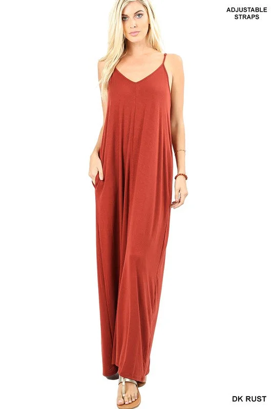 Maxi Dress With Puff Sleeves -V-Neck Cami Maxi Dress with Side Pockets