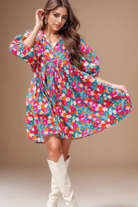 Denim patchwork asymmetrical hem mini dress-Floral Tie Neck Puff Sleeve Mini Dress