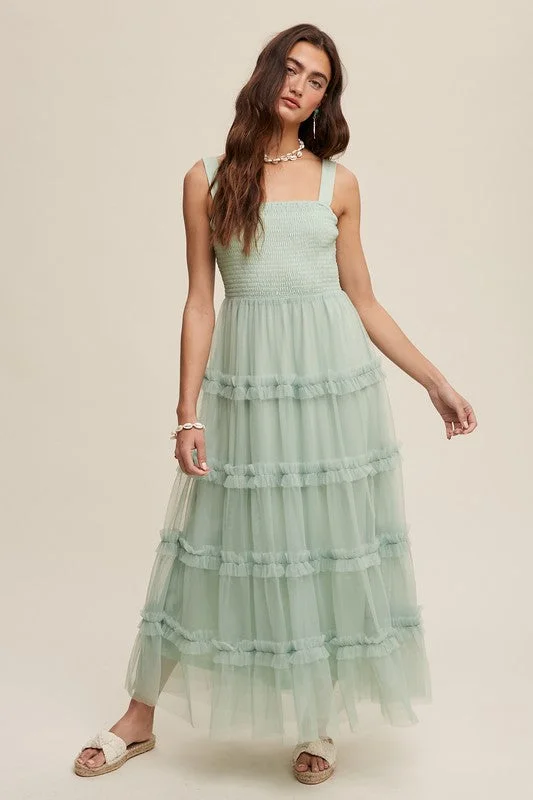 Maxi Dress With Silk Finish -Honey Tiered Tulle Maxi Dress