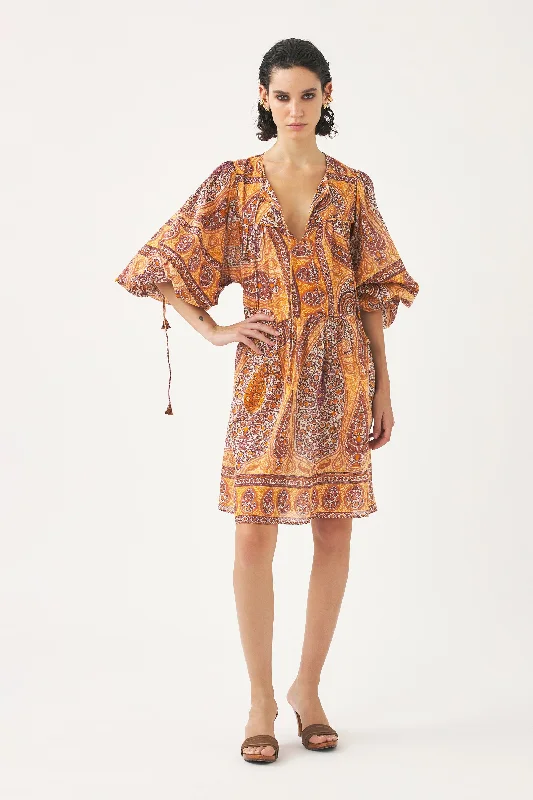 Lace panel sheer sexy mini dress-Rust Tajar Print Mini Dress