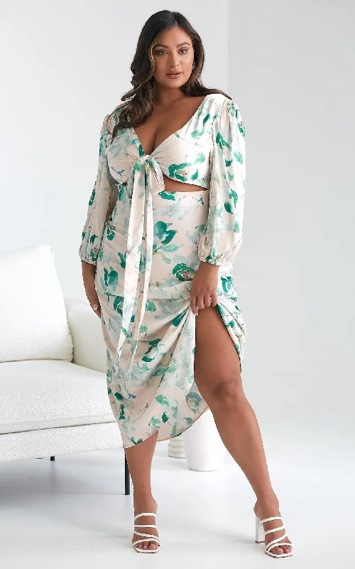 Maxi Dress With Side Pockets -Roza Long Sleeve Maxi Dress - Beige Green Print