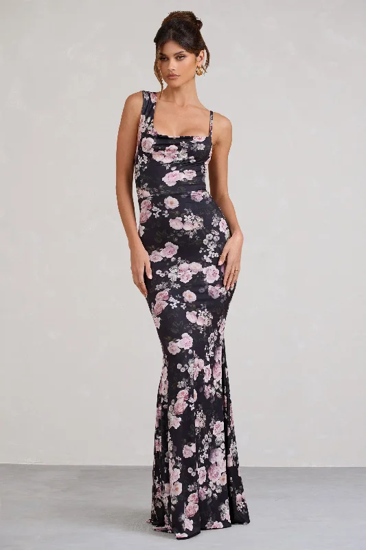 Maxi Dress For Holiday Party -Phantasy | Black & Pink Floral Print Asymmetric Neckline Cowl Maxi Dress