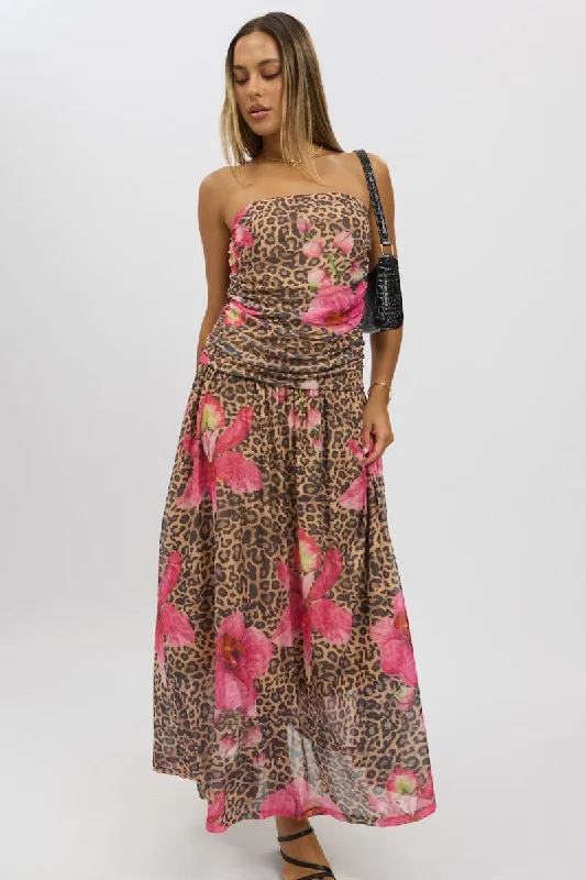 Maxi Dress For Formal Dinner -Multi Animal Print Maxi Dress Strapless Drop Waist Mesh