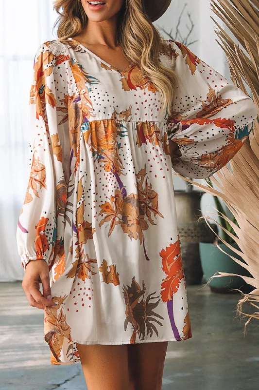 Backless strappy beach vacation mini dress-Printed V-Neck Balloon Sleeve Mini Dress