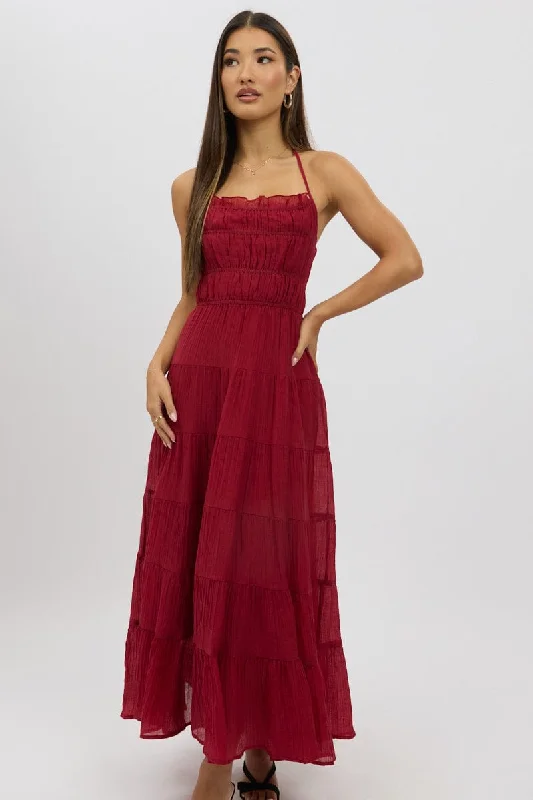 Maxi Dress For Party -Red Maxi Dress Tiered Backless