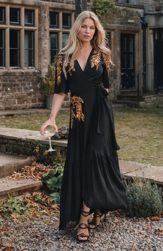 Sleeveless Maxi Dress -The Artemis Embellished Maxi Wrap Dress (Black/Gold)