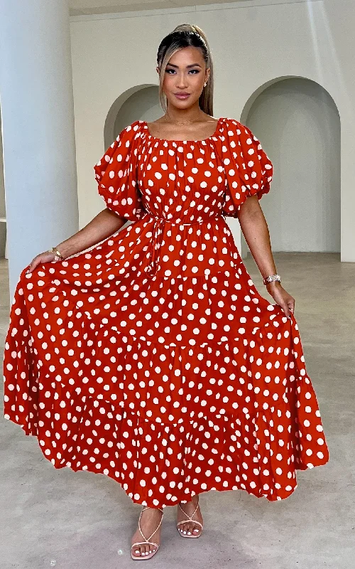 Maxi Dress With Waistband -Zanetti Maxi Dress - Orange Polka