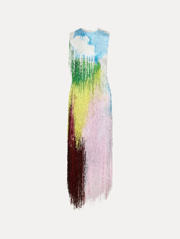 Silk cocktail dress -Abstract Watercolor Fringe Cocktail Dress