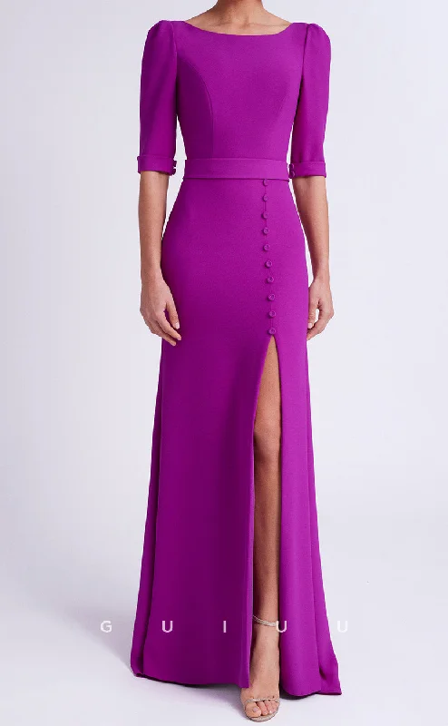 Cocktail dress with slit -GM198 - Sheath Scoop Half Sleeves V Back Cocktail Dress Wedding Guest Dress with Train