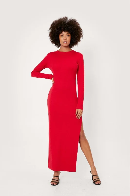 Maxi Dress With Deep Neckline -Ribbed Long Sleeved Bodycon Maxi Dress