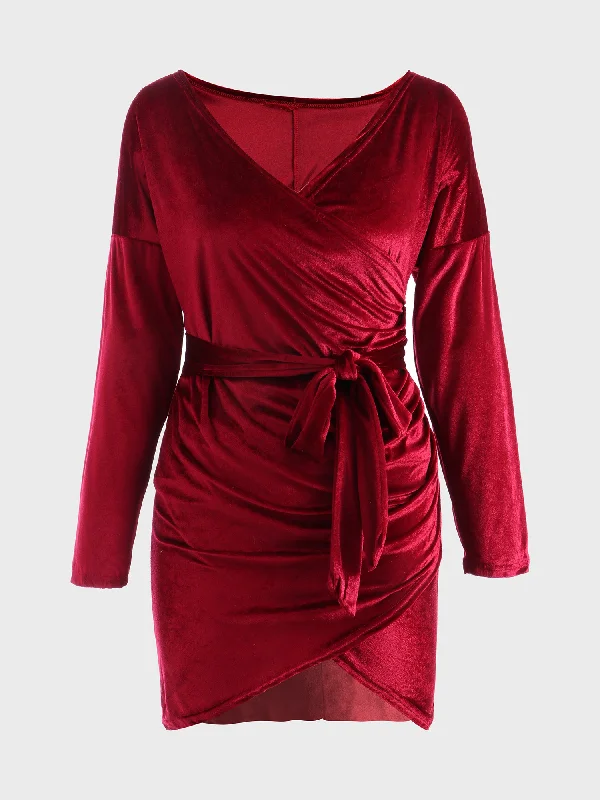 Maternity stretch nursing mini dress-Midsize Lush Velvet Deep-V Mini Dress