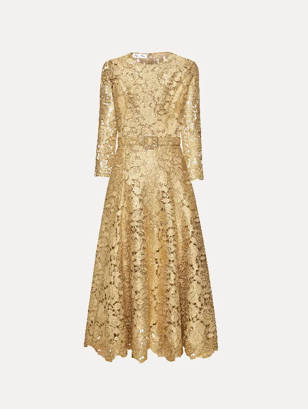 Cocktail dress with tiered skirt -Gold Foil Rose Guipure Dress