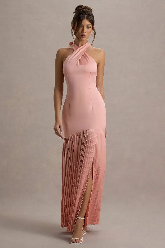 Maxi Dress With Lace Sleeves -Sansa | Light Pink Satin Cross Halter-Neck Plisse Maxi Dress