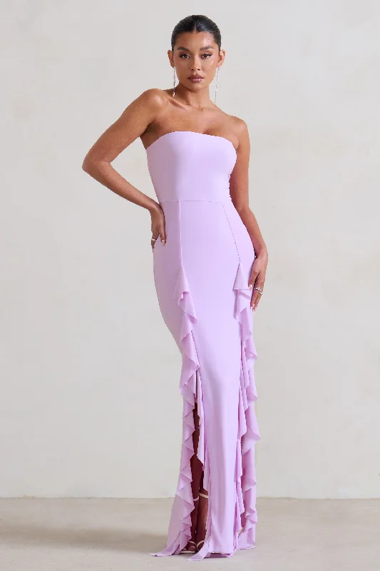 Maxi Dress With Gathered Waist -Susan | Lilac Bandeau Maxi Dress With Ruffled Splits