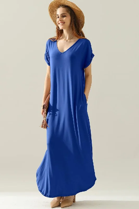 Maxi Dress For Cocktail Party -SHORT SLEEVE V-NECK MAXI DRESS WITH SIDE SLIT