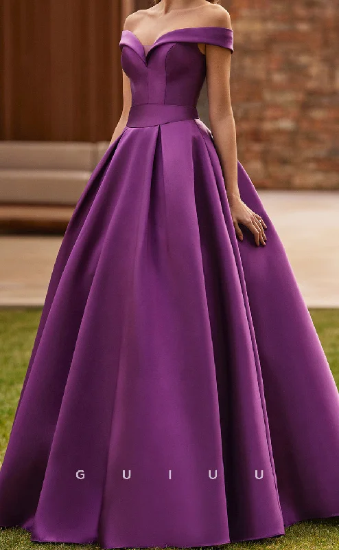 Cocktail dress for elegant dinner -GM240 - A-Line Off Shoulder Sleeveless Pleated Long Wedding Guest Dress Cocktail Dress