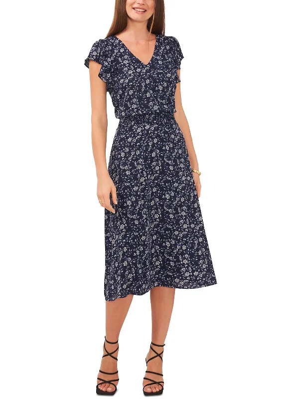 Midi Dress With Puff Sleeves -Island Oasis Womens Floral Flutter Sleeve Midi Dress