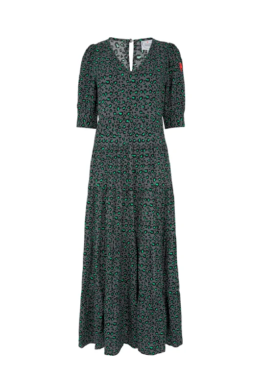 Maxi Dress For Spring -Grey with Black and Green Snow Leopard Maxi Dress