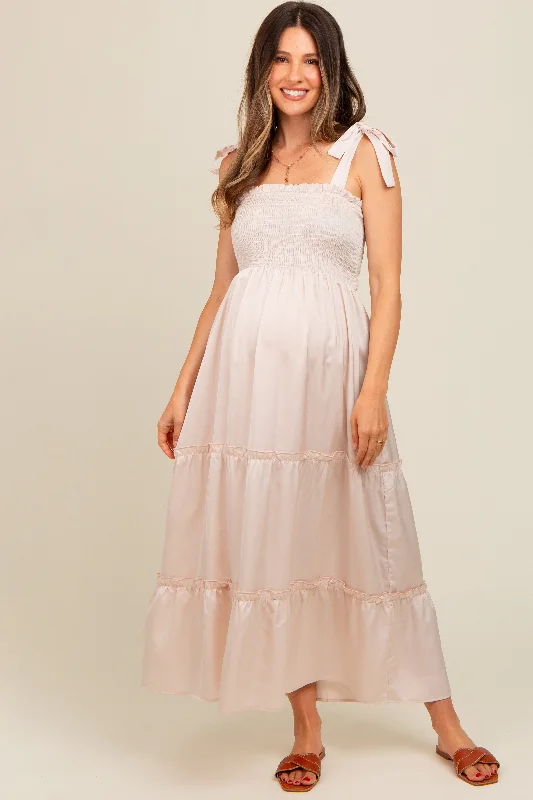 Maxi Dress With Tied Waist -Beige Satin Smocked Maternity Maxi Dress