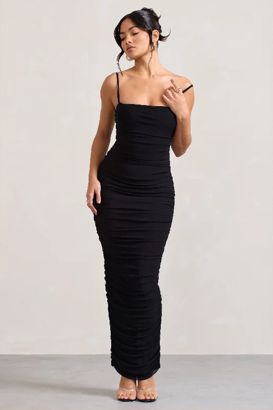 Maxi Dress With Lace Sleeves -Ellis | Black Ruched Mesh Strappy Bodycon Maxi Dress