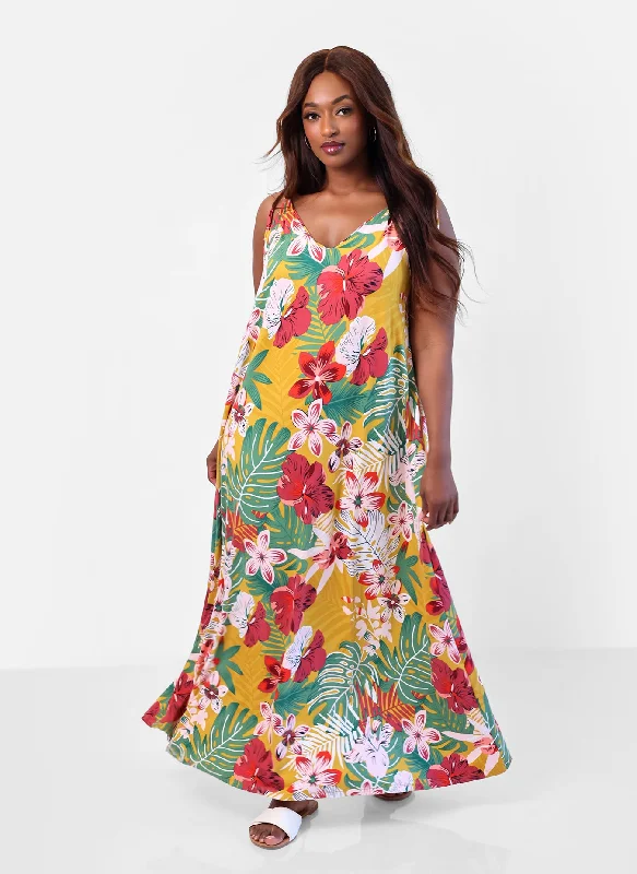 Maxi Dress With Side Slit -Getaway Tropical Print Slip Maxi Dress