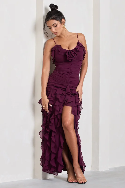 Maxi Dress For Elegant Dinner -Walks Alone | Plum Ruched Strappy Split Maxi Dress With Ruffles