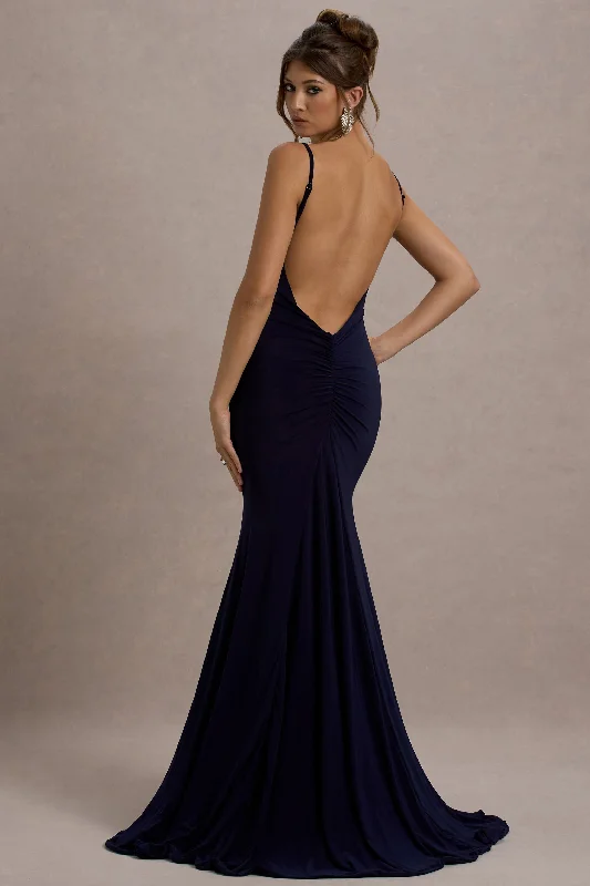 Maxi Dress For Formal Events -Adele | Navy Backless Ruched Fishtail Cami Maxi Dress