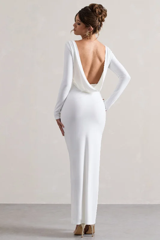 Maxi Dress For Bridesmaid -Virgo | White Cowl-Back Long-Sleeve Split Maxi Dress