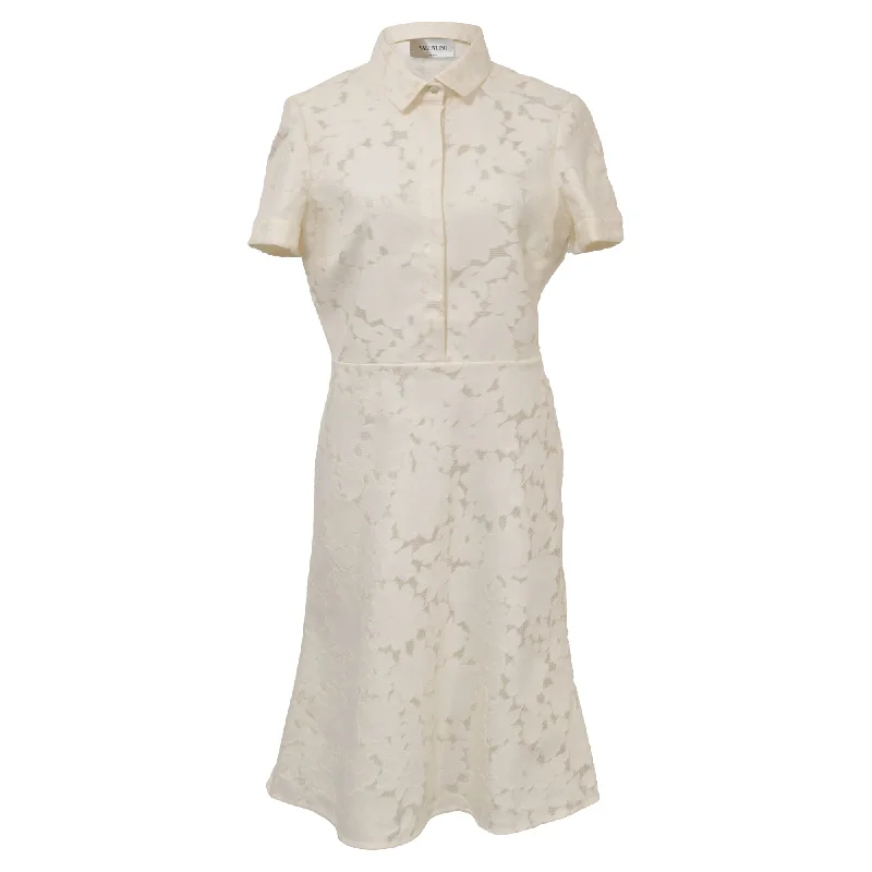 Midi Dress With High-Low Hem -Valentino Garavani Midi Collared Floral Lace Dress in White Cotton