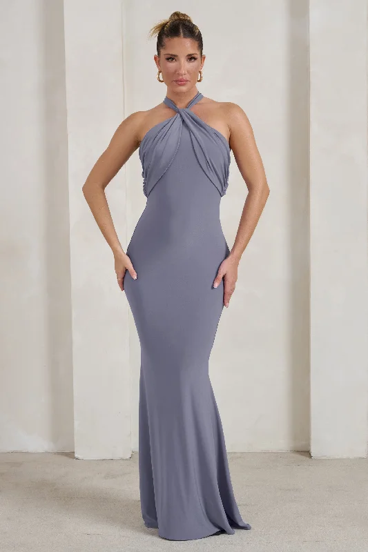 Maxi Dress With Cowl Neck -Genevieve | Grey Twist High Neck Drape Detail Maxi Dress