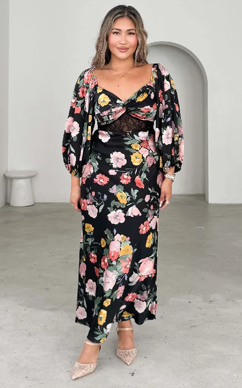 Maxi Dress With Satin Fabric -Alessia Maxi Dress - Black Floral