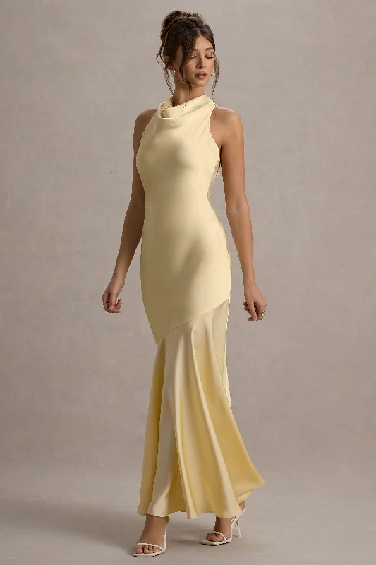 Long Maxi Dress -Amelita | Lemon Satin Cowl-Neck Maxi Dress