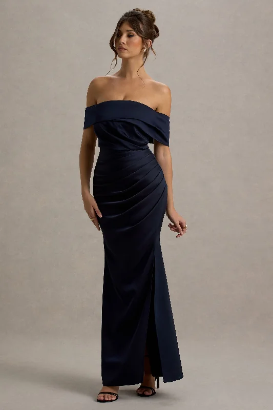 Maxi Dress With Split Front -Martine | Navy Satin Bardot Wrap Maxi Dress